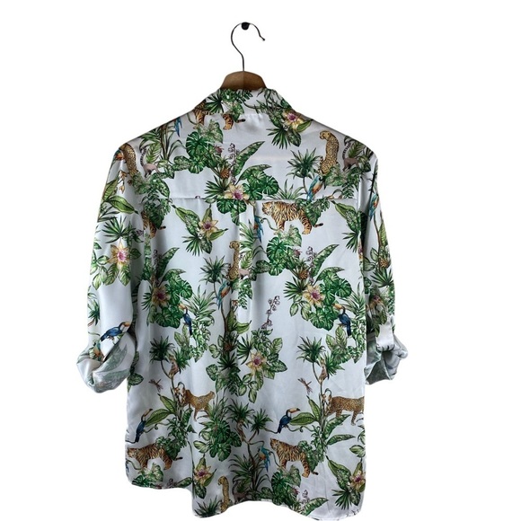 Zara White Green Jungle Print Blouse Safari Palm Leaf Size XS - Picture 5 of 11
